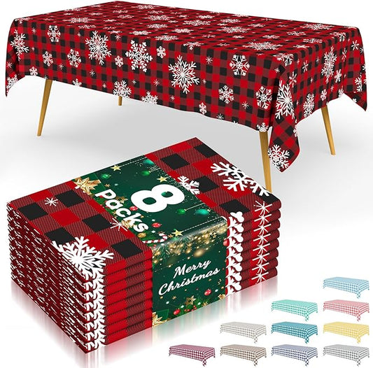 Smiry 8 Packs Buffalo Disposable Table Cloth, 54 x 108 Inch Waterproof Plastic Tablecloth, Rectangle Snowflake Red Checkered Table Covers for Picnic, Christmas, Birthday, Party