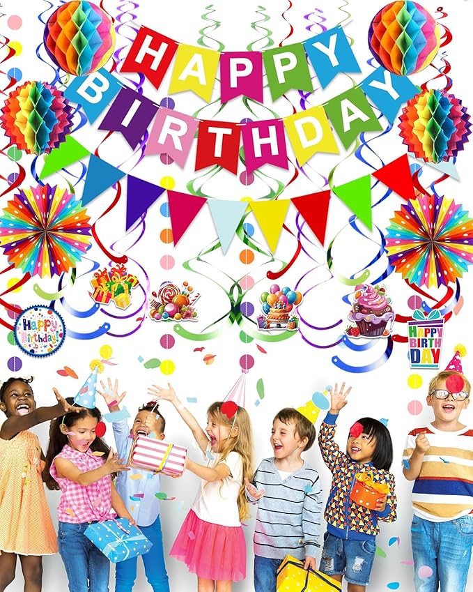 Pre-Strung Colorful Happy Birthday Banner Paper Triangle Flag Bunting Circle Confetti Dots Hanging Garland And Honeycomb Ball Swirl Streamers for Birthday Baby Shower Party Decoration