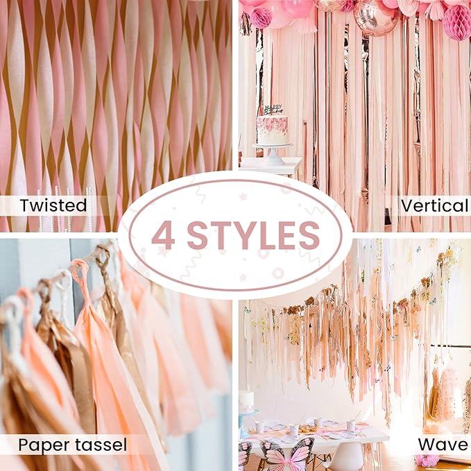 PartyWoo Rose Gold Crepe Paper Streamers 6pcs 492ft Pack of Metallic Rose Gold Baby Pink Crepe Paper Streamers for Birthday Bridal Shower Engagement New Year Eve Graduation Party Decorations