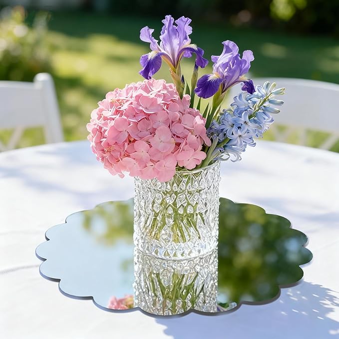 Starry 6 Pack 10 Inch Round Mirror Centerpieces for Tables Shatterproof Acrylic Scalloped Round Boards with Smooth Edge,Decorative Mirror Trays for Wedding,Party,Candle,Table Decorations,1mm Thick