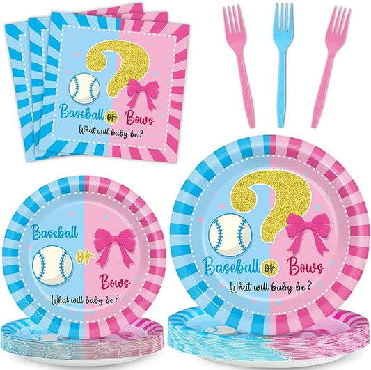 OBUSATT 96Pcs Baseball or Bows Gender Reveal Party Supplies Baseball Gender Reveal Paper Plates Napkins Boy or Girl Baseballs or Bows Decorations Blue or Pink Baseballs Party Tableware Serves 24