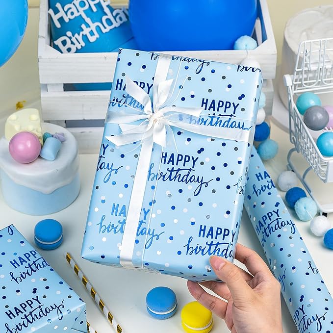 MAYPLUSS Birthday Wrapping Paper Roll - 17 Inch X 16.5 Feet - Blue Glitter Happy Birthday Lettering Metallic Foil Paper Girl Gift Wrap w/Polka Dot for Party