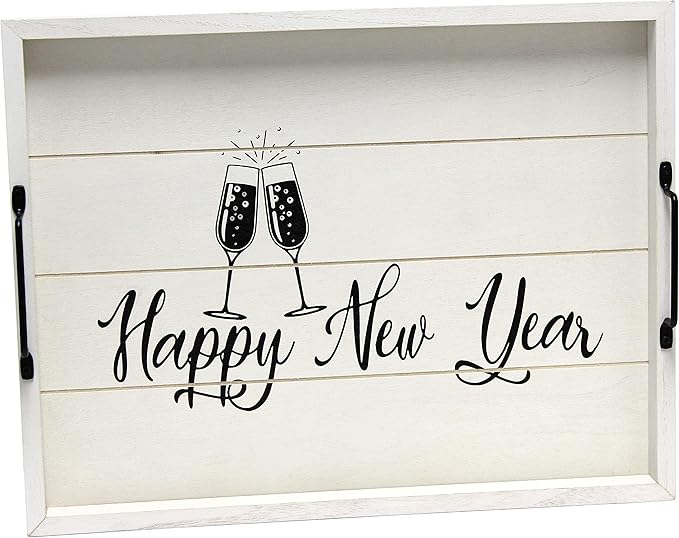 Elegant Designs HG2000-GNY Champagne Toast Decorative Wood Serving Tray w/Handles, 15.50" x 12", Light Gray Happy New Year