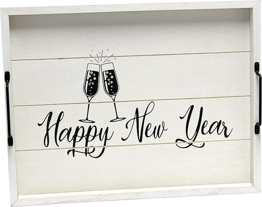 Elegant Designs HG2000-GNY Champagne Toast Decorative Wood Serving Tray w/Handles, 15.50" x 12", Light Gray Happy New Year