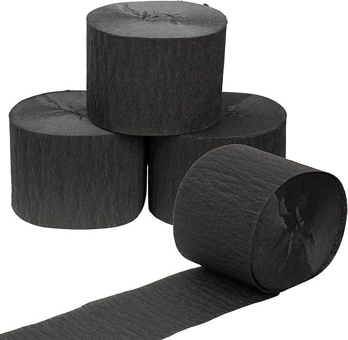Black Streamers 4 Rolls, 328 Ft Black Crepe Paper, Streamer Party Decorations for Birthday, Wedding, Showers (1.8 in x 82 ft/Roll)