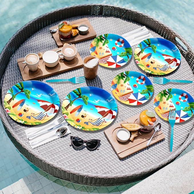 96 Pcs Beach Party Supplies Summer Beach Plates and Napkins Set Summer Decorations Tableware for Hawaiian Party Decorations, Serve 24