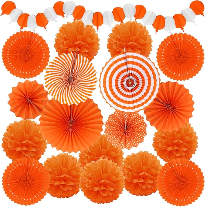 Orange Party Decorations, Papar Fans Pompoms Fans Garlands for Halloween Birthday Bridal Baby Shower Wedding Graduation Spring Festival Party Decorations