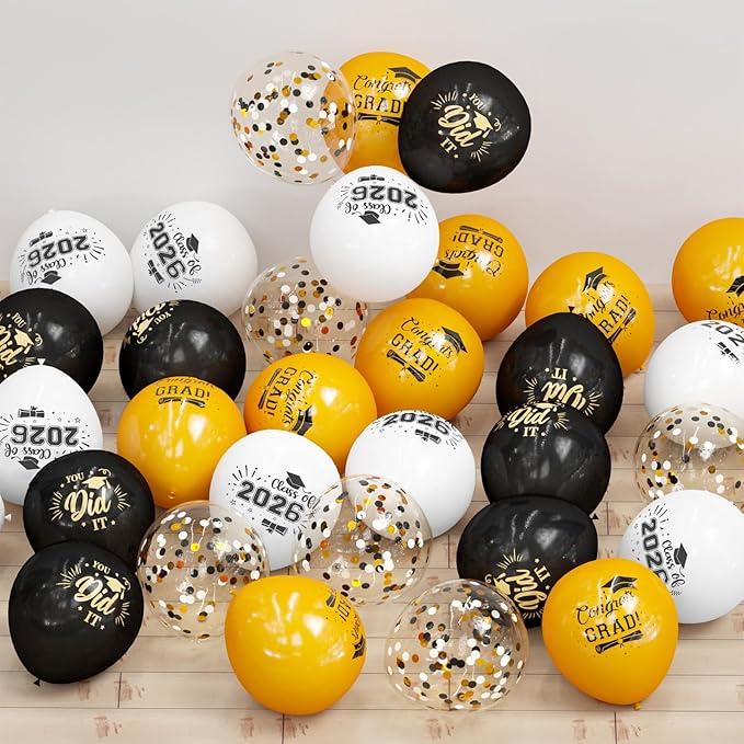 GuassLee Graduation Black and Gold Balloons 2026 - Grad Latex Confetti Balloons with Congrats Grad Foil Balloons for Graduation Party Decorations Supplies, 60Pcs