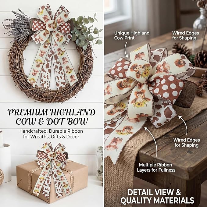 Summer Fall Highland Cow Print Ribbons Wired Edge, 4Rolls, 2.5inch X 20Yards, Brown and Dots Gift Wrapping Ribbons, Home Decor, DIY Crafts, Party Favor, Floral Arrangement Wreath Bow (Brown)