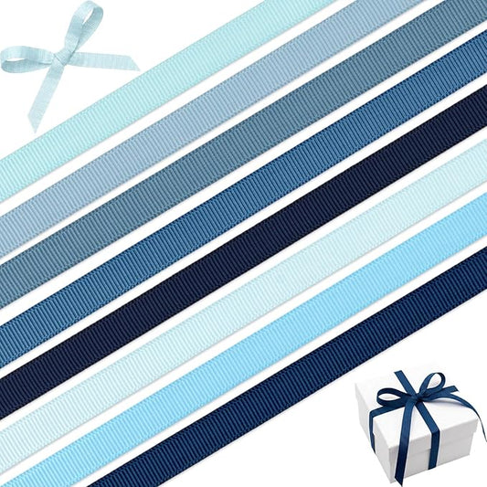 Blue 3/8 Inch Grosgrain Ribbon Set, 8 Pack x 3 Yards (24 Yards Total), Craft Ribbon for Baby Shower Wedding Bouquets Gift Wrapping Nautical Decor and Hair Bows