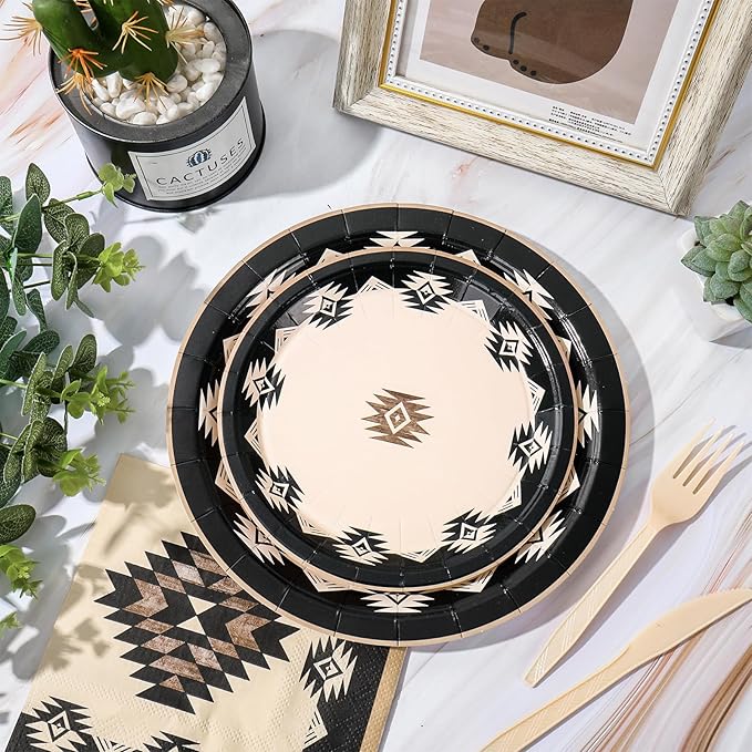 FYSUIMU 150 Pcs Western Theme Tableware Set Simple Modern Aztec Disposable Dinnerware Disposable 7" 9" Plate Paper Napkin Plastic Knives Forks Spoons, Serves 25