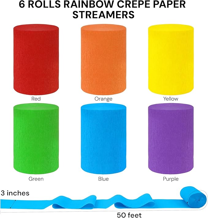 Oubest Rainbow Crepe Paper Streamers 6 Rolls, 3" x 50ft Each, Colorful Streamers Party Decorations for Birthday, Baby Shower, Wedding, Bachelorette Party, Graduation, Anniversary, Halloween, Christmas