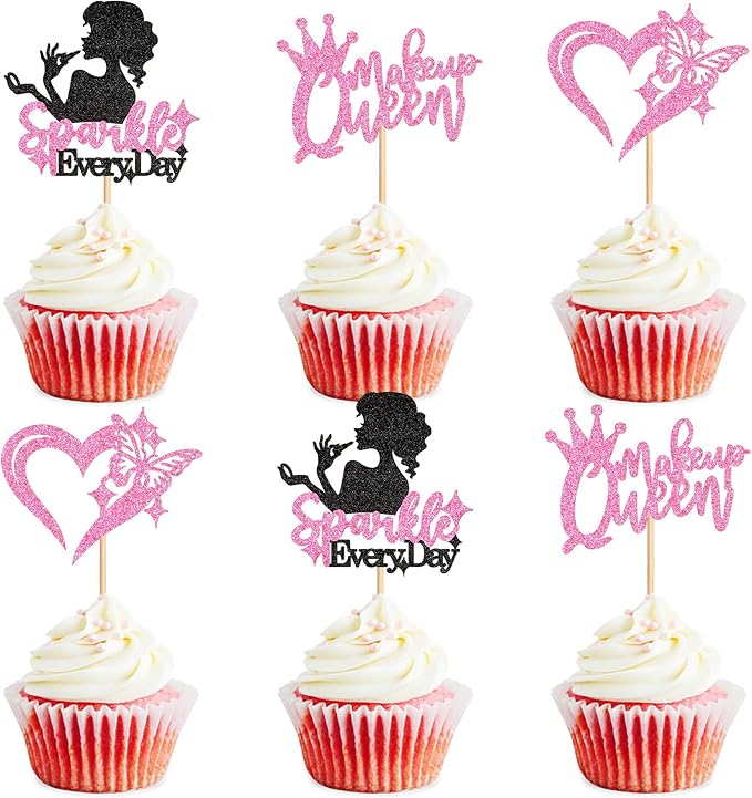Ercadio 24Pcs Makeup Girl Cupcake Toppers Glitter Pink Makeup Queen Cupcake Picks for Make-up Artist Birthday Cupcake Decorations Fashion Girls Cosmetics Make-up Party Supplies