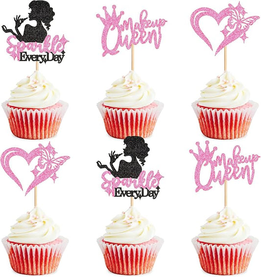 Ercadio 24Pcs Makeup Girl Cupcake Toppers Glitter Pink Makeup Queen Cupcake Picks for Make-up Artist Birthday Cupcake Decorations Fashion Girls Cosmetics Make-up Party Supplies