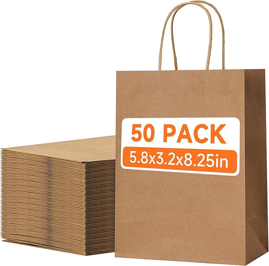 METAPRINT 50 Pack Small Brown Paper Gift Bags with Handles, 5.8"x3.2"x8.25" Kraft Paper Gift Bags for Retail, Birthday Parties, Shopping, Versatile Craft Bags & Goodie Sacks