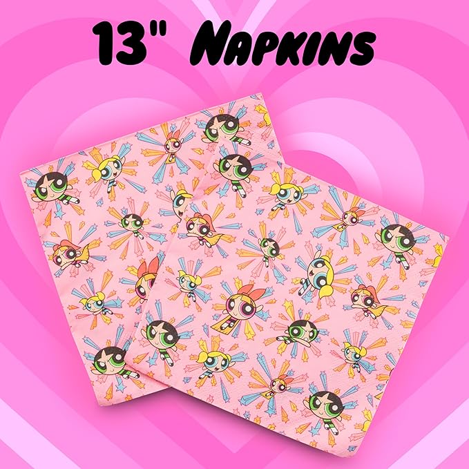 Silver Buffalo The Powerpuff Girls Featuring Blossom, Bubbles, and Buttercup 32 Pack Partyware Disposable Paper Plates and Napkins