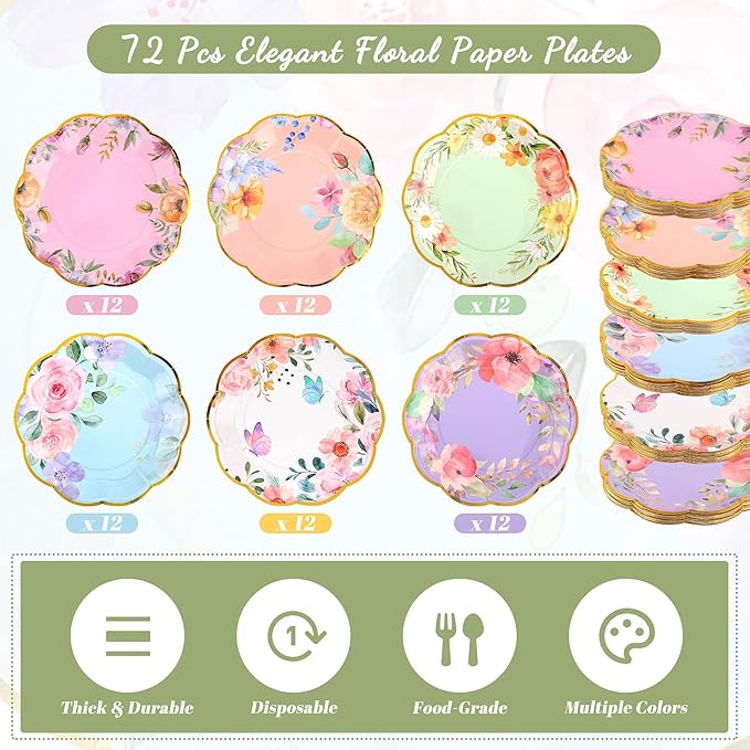 Kochorie 72 Pieces Floral Paper Plates, 9 Inch Floral Tea Party Disposable Plates, Wildflower Scalloped Dessert Plate for Birthday Baby Shower Wedding Garden Afternoon Decorations, 6 Styles