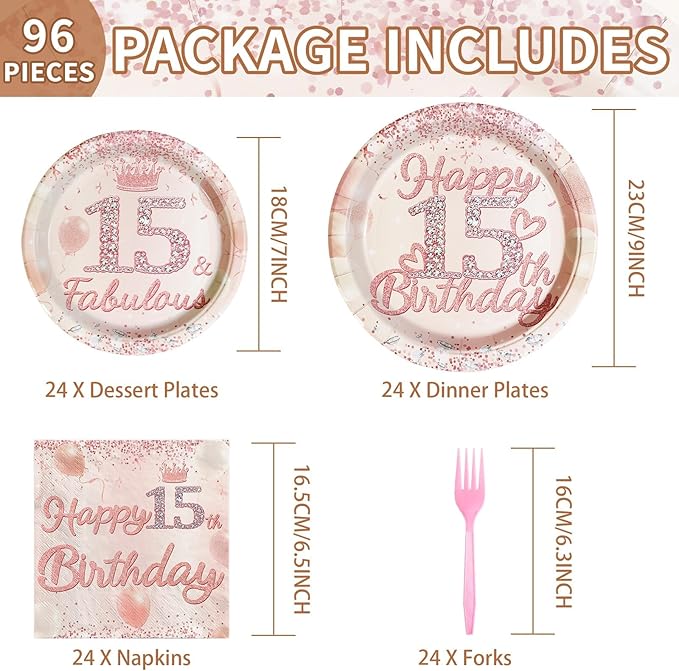 96Pcs 15th Birthday Decorations for Girls Rose Gold 15 Year Old Birthday Plates Napkins Forks Disposable 15th Girl Bday Tableware Set for Girls 15 Year Old Birthday Fabulous Party Supplies Serve 24
