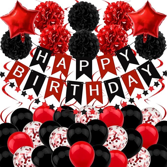 Black and Red Birthday Decorations - Happy Birthday Banner for Boys Girls Men Women Party Supplies