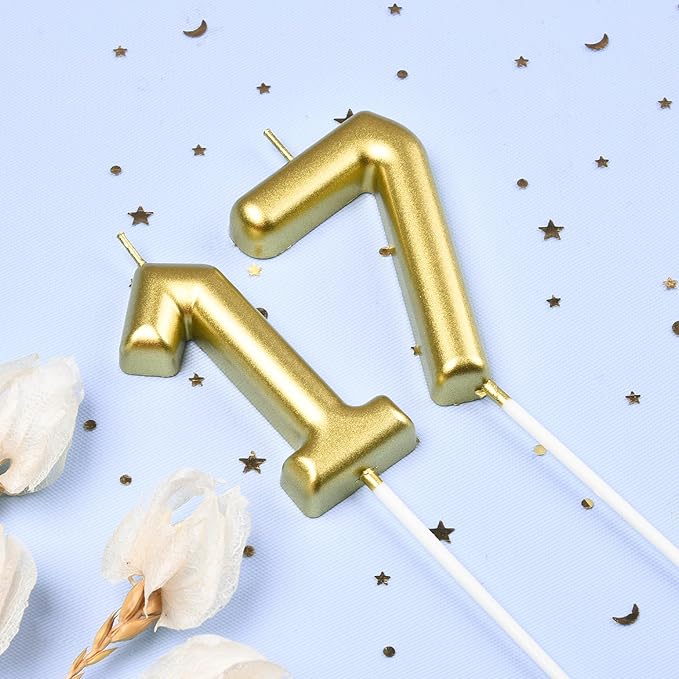 2.76 Inch Classical Gold 17 Number Birthday Candles, Gold Number Candles, Cake Number Candles, Party Celebration