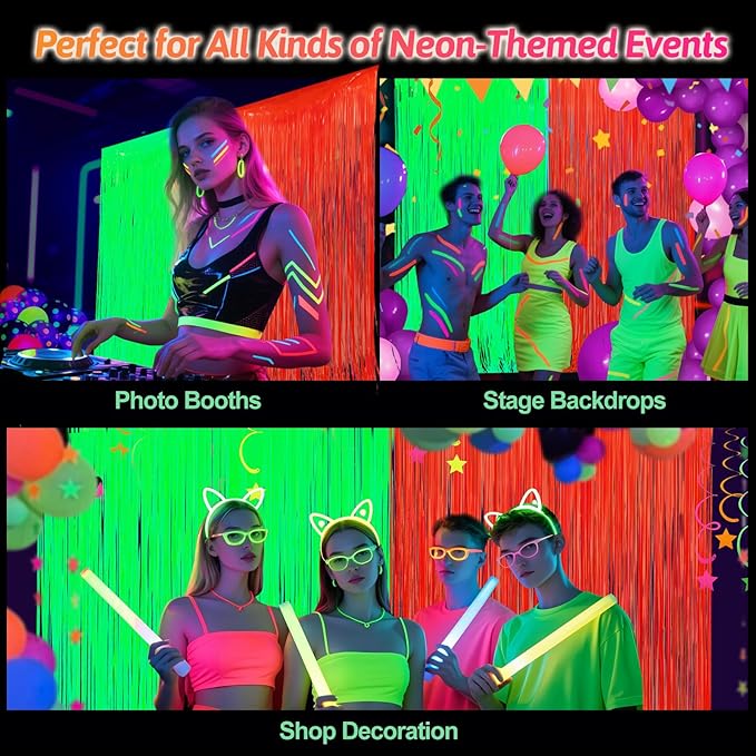 Glow in The Dark Party Supplies 2 Pack Neon Party Decorations Fluorescent Tinsel Foil Fringe Curtains Photo Booth Prop Backdrop Streamer Blacklight Decorations (Neon Green+Neon Orange)