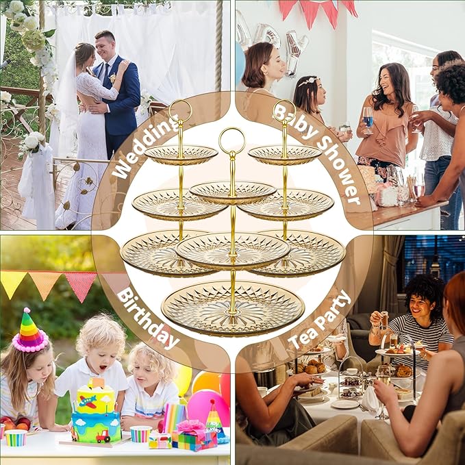 Patelai 8 Packs 3 Tier Crystal Acrylic Clear Cake Stand with Gold Round Holder Acrylic Cupcake Stand Holder for Home Wedding Holiday Birthday Baby Shower Tea Party (Clear Amber)