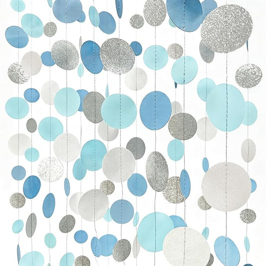 Dusty Blue Silver White Polka Dots Garland Hanging Paper Circle Dot Streamer for Nautical Baby Shower Birthday Wedding Engagement Bridal Shower Retirement Graduation Hen Party Decorations Supplies