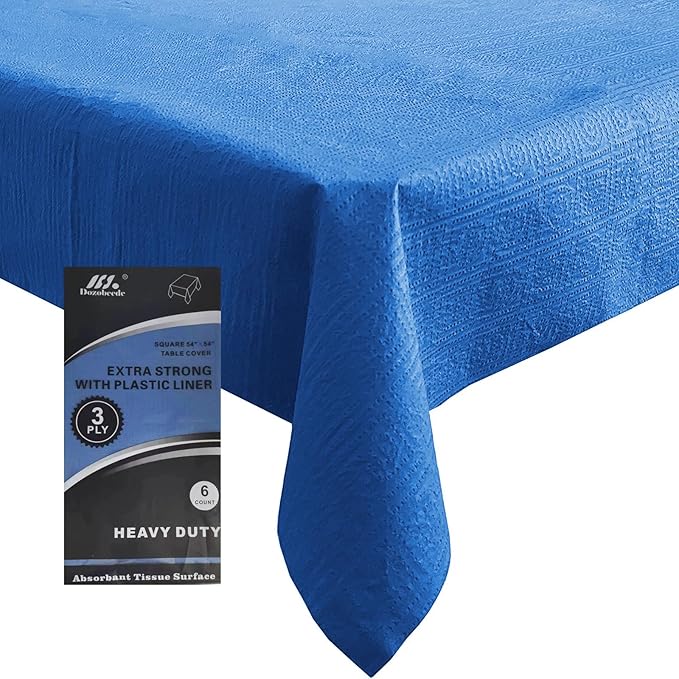 [6 Pack] Blue Square Tablecloths 54x54 Inch, Disposable Paper Table Cloth for Square and Round Tables, Waterproof 3-Ply Paper & Platic Table Cover for Holiday Party Gathering Graduation