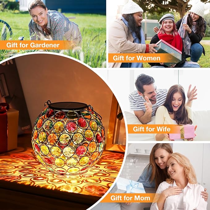 Uspring 2 Pack Crystal Mosaic Solar Lanterns Outdoor Waterproof Decorative Hanging Solar Lights for Outside, Gifts for Women Mom Grandma Garden Decor for Patio Backyard Porch Pathway Lawn Walkway, Red