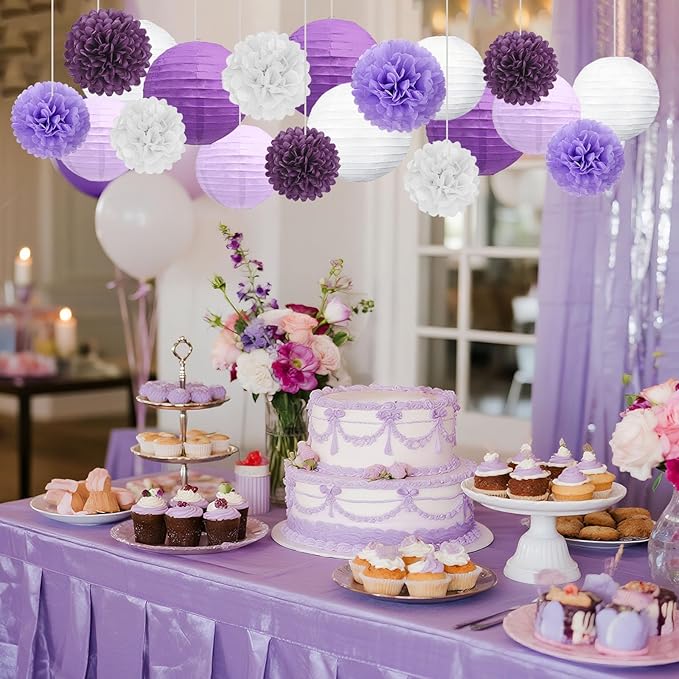 18 PCS Purple White Paper Lanterns & Tissue Paper Pom Poms for Women Birthday, Baby Shower, Wedding, Bridal Shower, Hanging Paper Decor for Graduation Theme Party Supplies