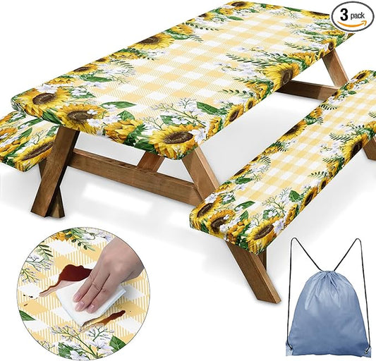 Picnic Table Cover with Bench Covers Elastic Edges, Yellow Fitted Table Cover, Outdoor Patio Camping Essentials 96 Inch 3PCS, Waterproof Camping Fitted Tablecloth with Drawstring Bag