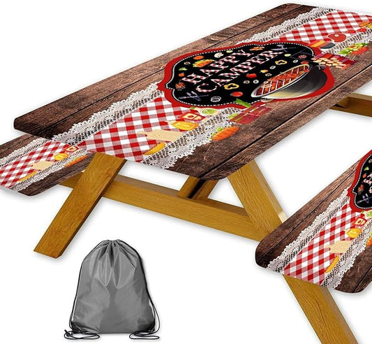 Happy Camper Picnic Table Cover with Bench Covers Elastic Edges, Wooden Red Plaid Fitted Table Cover, Outdoor Patio Camping Essentials 72 Inch 3PCS, Waterproof Fitted Tablecloth with Drawstring Bag