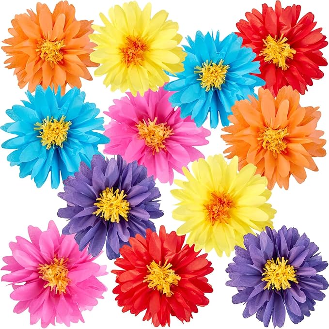 12PCS Mexican Paper Flowers Colorful Fiesta Tissue Paper Flowers Pom Poms Flowers Party Decoration for Wall Floral Carnival Wedding Birthday Craft Decor