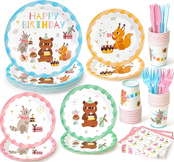 144Pcs Forest Woodland Animal Birthday Party Supplies Decorations Paper Plates Napkins Vintage Party Tableware Disposable Jungle Dinnerware Set for Kids Birthday Baby Shower Table Decor, Serve 24