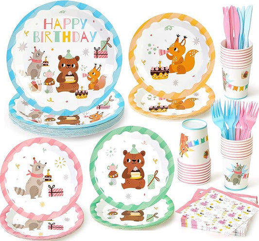 144Pcs Forest Woodland Animal Birthday Party Supplies Decorations Paper Plates Napkins Vintage Party Tableware Disposable Jungle Dinnerware Set for Kids Birthday Baby Shower Table Decor, Serve 24