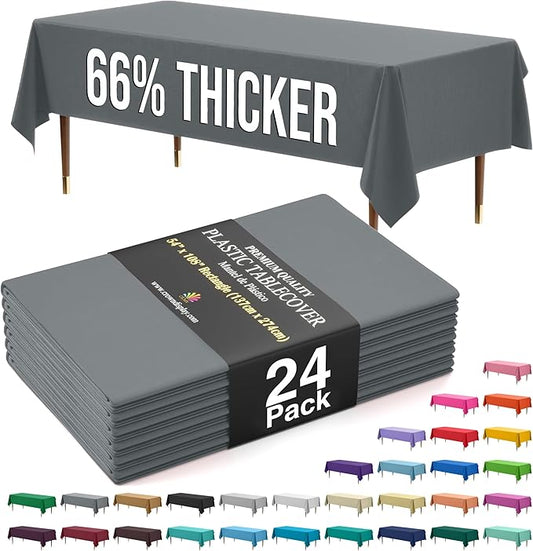 Exquisite 66% Thicker Premium Plastic Table Cloth Rectangle Table Cover 0.5 Mil 24 Pack Silver Table Cloth 54 Inch x 108 Inch Disposable Tablecloth Won't Tear Easily Like Cheap Thin Brands