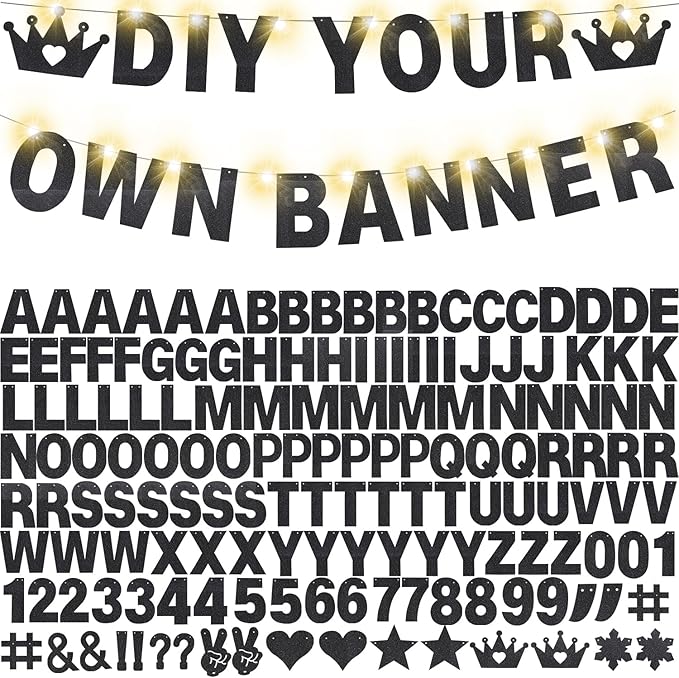 175Pcs DIY Glitter Customizable Banner Kit Happy Birthday Custom Letters Banner 30th Birthday Decorations Anniversary Personalized Banners Decor Death to My 20s Party Supplies (Glitter Black)