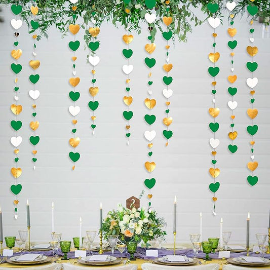 Valentines Day Party Decorations Green Gold and White Love Heart Garland Hanging Streamer Banner for Spring Summer Anniversary Engagement Wedding Bridal Baby Shower Birthday Mothers Day Party Supplies