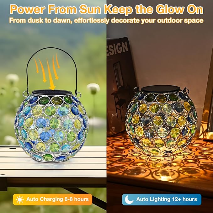 Uspring 2 Pack Crystal Mosaic Solar Lanterns Outdoor Waterproof Decorative Hanging Solar Lights for Outside, Gifts for Women Mom Grandma Garden Decor for Patio Backyard Porch Pathway Walkway, Blue