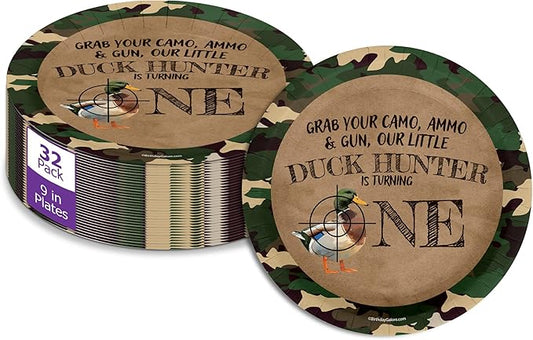 Duck Hunter First Birthday - 32 Piece Disposable Party Supplies - Decorations for Hunting 1st Birthday Round Party Plates - Large 9" Paper Plates In Bulk