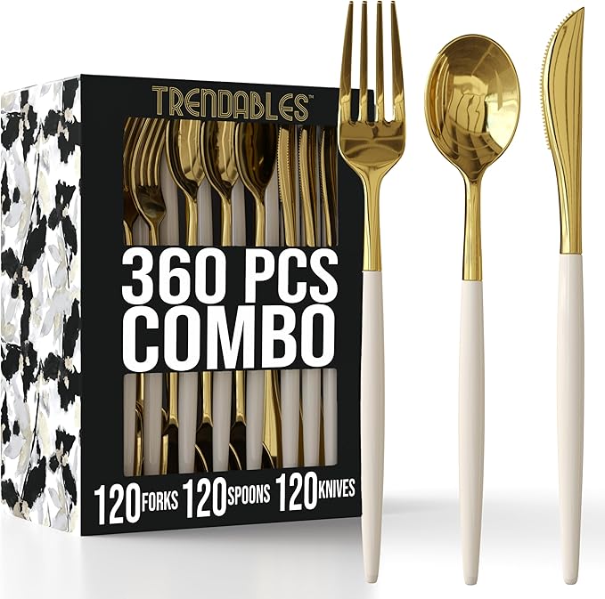 Trendables 360 Pack Disposable Silverware Set - Ivory & Gold Plastic Cutlery Dinnerware - Includes 120 Plastic Forks, Spoons, Knives - Party Set