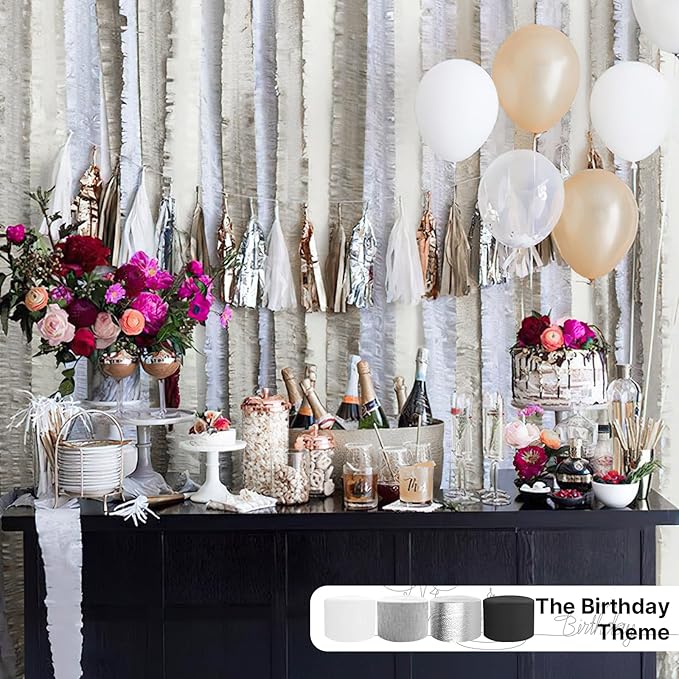 PartyWoo Silver Crepe Paper Streamers 8 Rolls 656 ft Pack of Metallic Silver Crepe Paper for Graduation Baby Shower New Year Birthday Party Decorations (1.8 Inch x 82 Ft/Roll), Silver-706