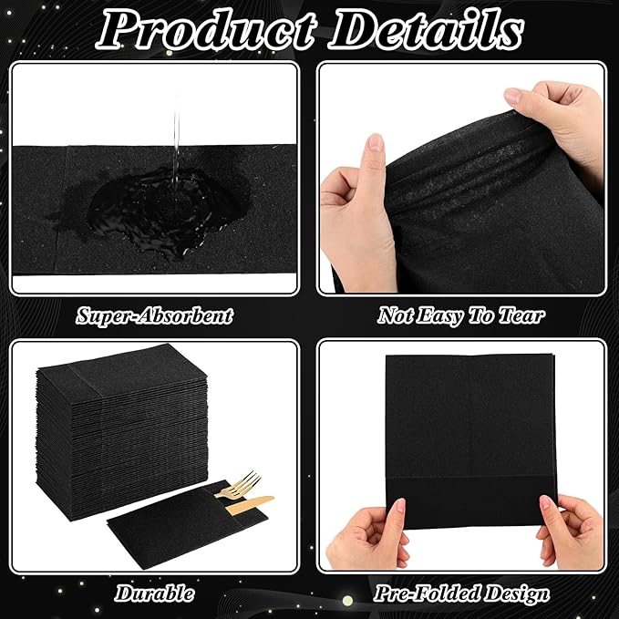 60 Pcs Black Linen-Feel Paper Napkins with Built-in Flatware Pocket, Graduation Pocket Linen Napkin Prefolded Cloth Like Paper Napkins Bulk for New Year Silverware Birthday Bathroom Weddings Party