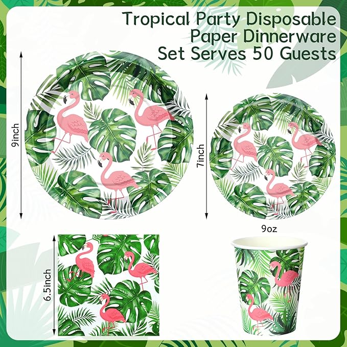 Jingmore 200 Pcs Tropical Flamingo Hawaiian Aloha Party Supplies Serve 50 Guests Luau Paper Plates Cups Napkins for Summer Beach Tableware Pool Party