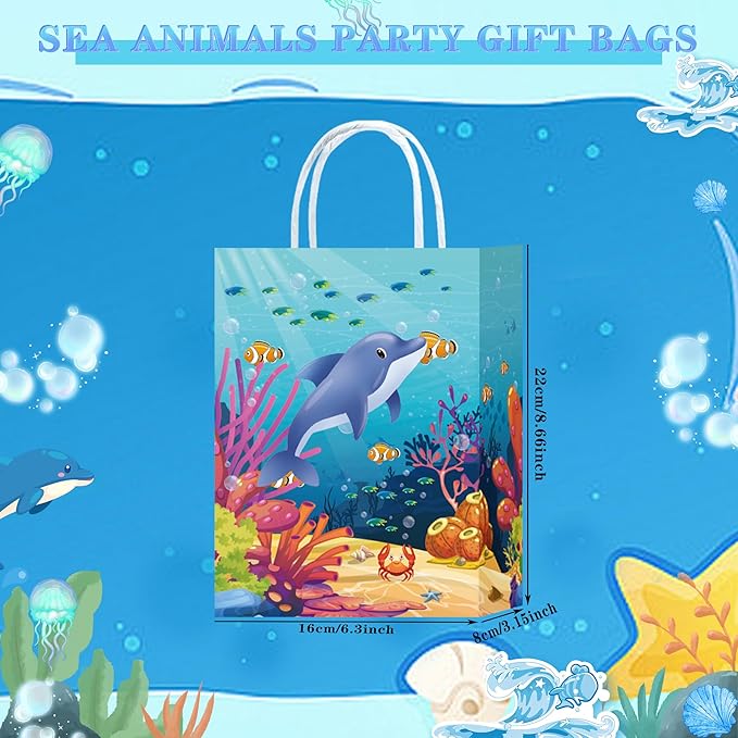 W WINTMING 16PCS Sea Animals Party Gift Bags with Handles Ocean Goodie Bags Under the Sea Party Favor Bags Paper Candy Bags Summer Party Treat Bags Gift Wrap Bags for Birthday Party Decoration