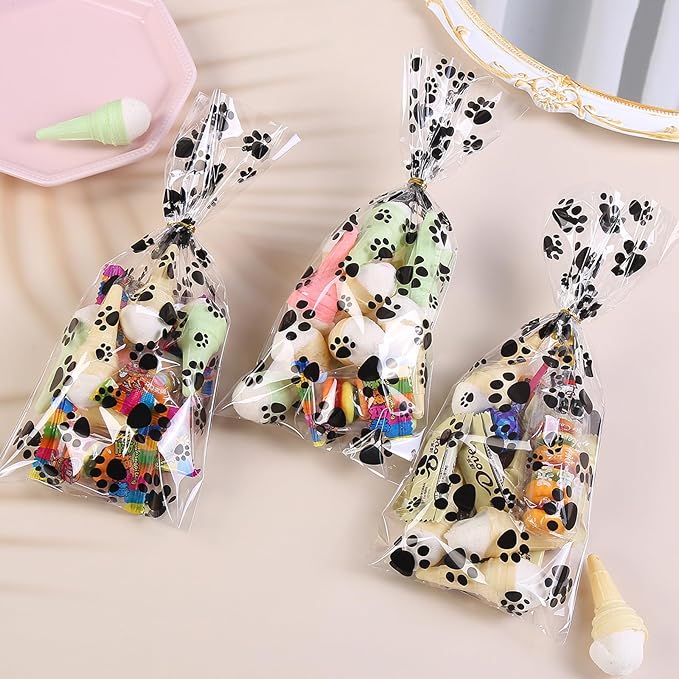 iNINGER 50 Pcs Dog Claws Cellophane Treat Bags with Twist Ties,Pet Paw Cellophane Bags Dog Party Favor Heat Sealable Treat Paw Gift Cat Candy Bags for Pet Party Favors