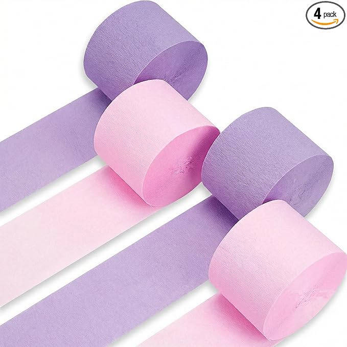 Light Pink and Prurple Crepe Paper Streamers 4Rolls 328ft,Crepe Paper Streamers for Party Wedding Decorations, Birthday Decorations, Baby Shower Xmas Annivesary Decors DIY (1.8 Inch x 82 Ft/Roll)