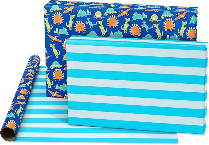 American Greetings Reversible Birthday Wrapping Paper for Kids, Dinosaurs and Unicorns (3 Rolls, 120 sq. ft)