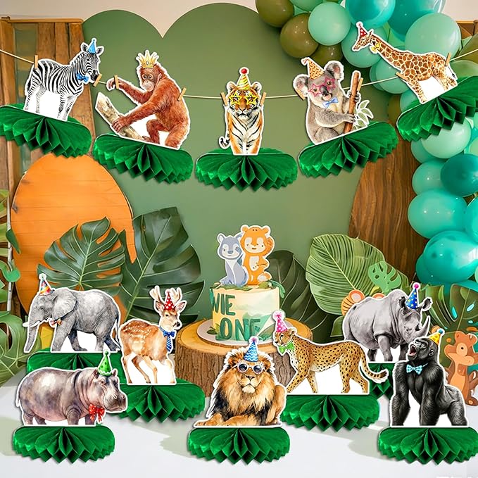 Safari Birthday Decorations 12-Pack | Animal Birthday Party Decorations Set with Honeycomb Centerpieces | Jungle Theme Party Supplies for Kids, Baby Shower, Wild One Celebration