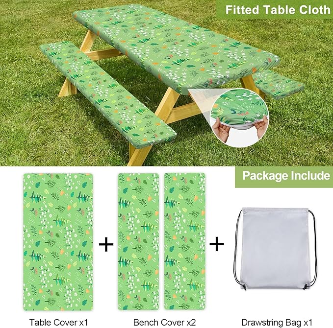 Picnic Table Cover with Bench Covers Camping Essentials Waterproof Windproof Camping Tablecloth with Drawstring Bag, Fitted Rectangle Tables and Seats, 96in, Grass Green